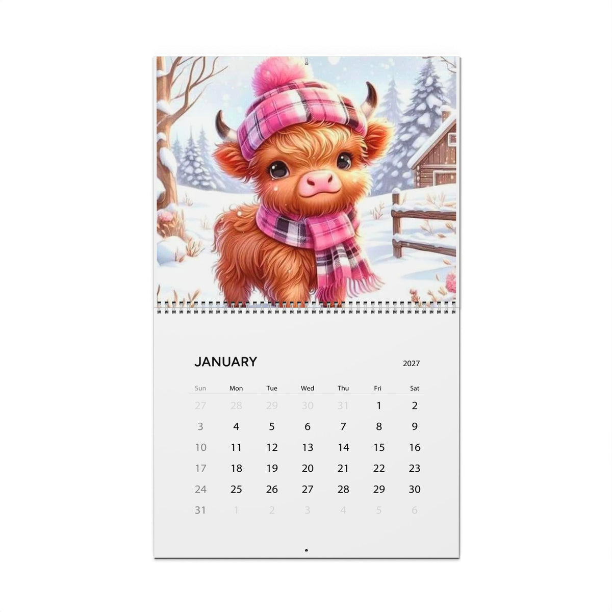 Cute Highland Calf Illustration Wall Calendar | 2027 Monthly Calendar, Farm Animal Art