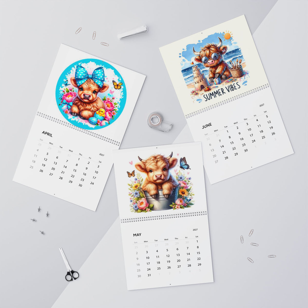 Cute Highland Calf Illustration Wall Calendar | 2027 Monthly Calendar, Farm Animal Art