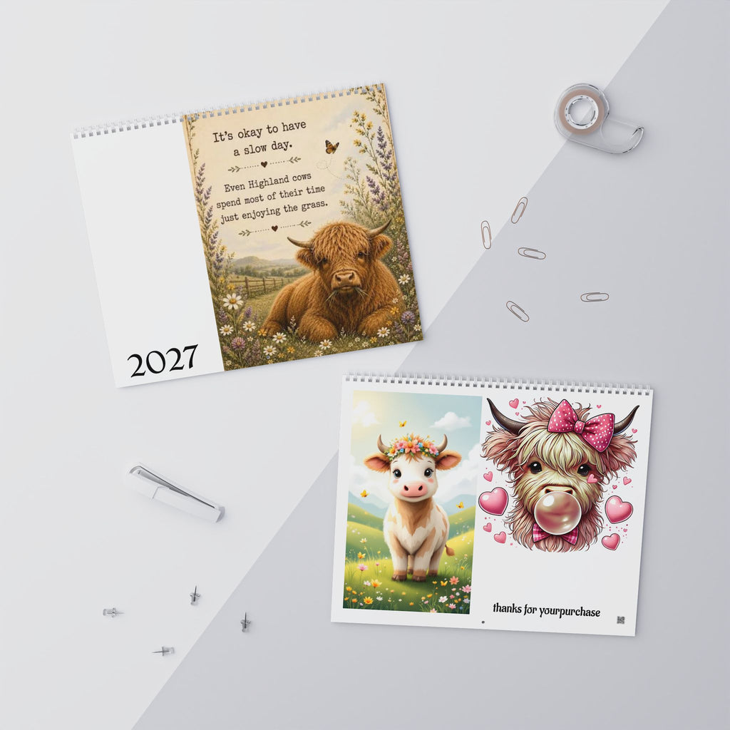 Cute Highland Calf Illustration Wall Calendar | 2027 Monthly Calendar, Farm Animal Art
